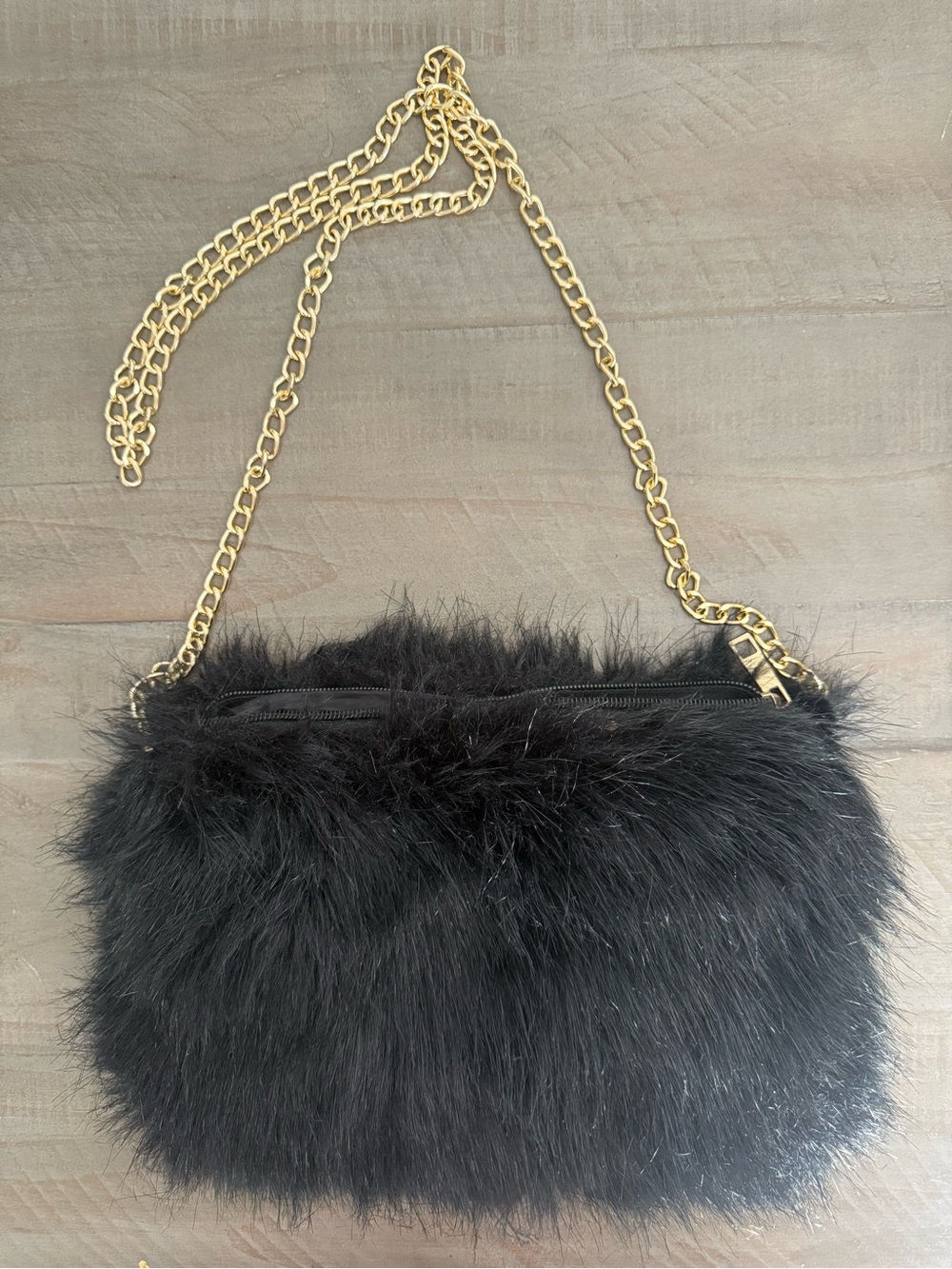 Black Faux Fur Crossbody Bag Gold Chain Strap Plush Evening Shoulder Purse